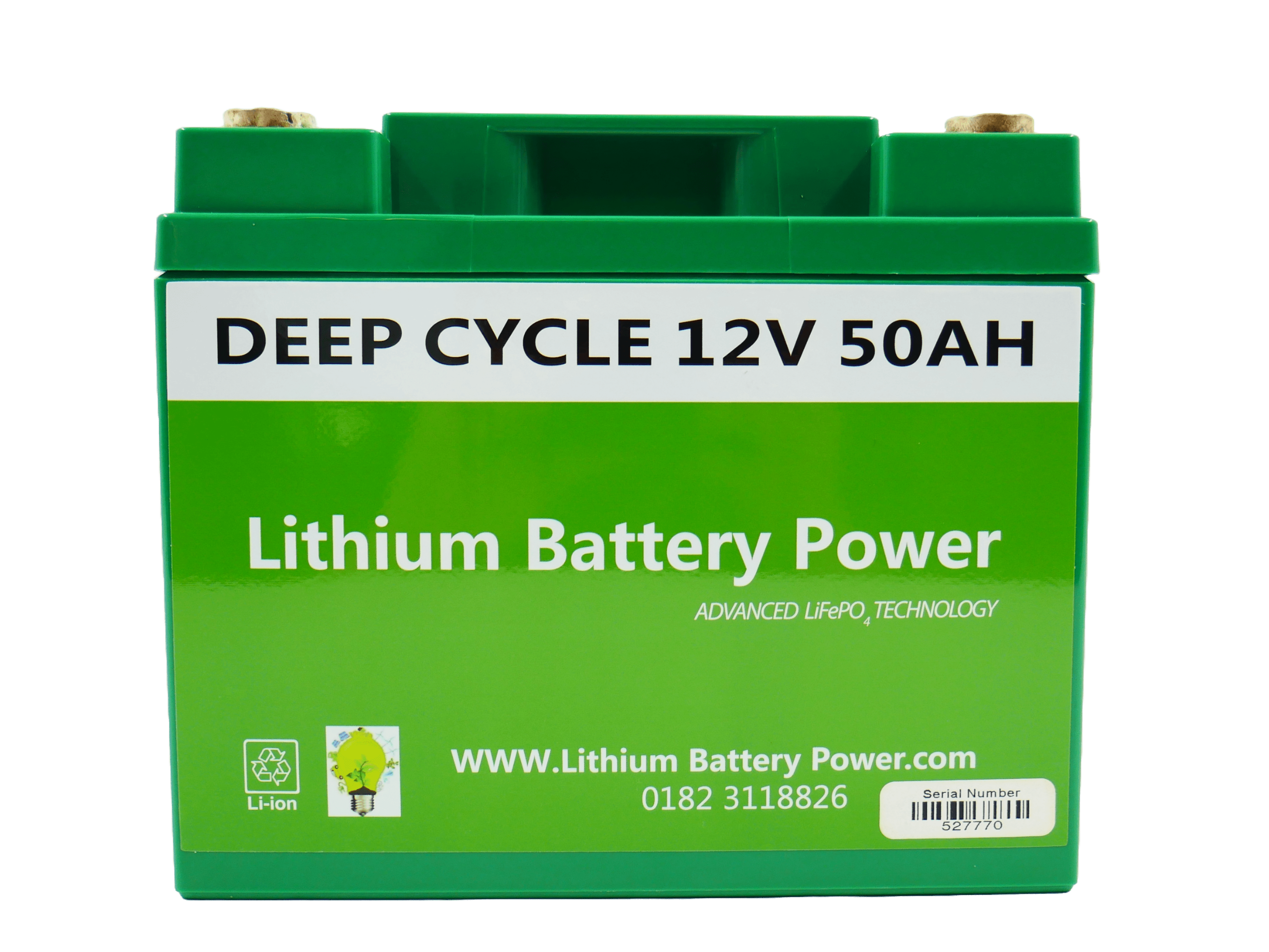 LBP 12V 50Ah ECO Lithium Battery with compact green design and black label, ideal for solar systems, campers, and portable power solutions – Lithium Battery Power, LLC.