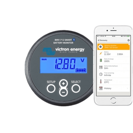 Victron BMV-712 Smart battery monitor with built-in Bluetooth from Lithium Battery Power, displaying voltage, current, state of charge, and time-to-go for 12V–48V battery systems