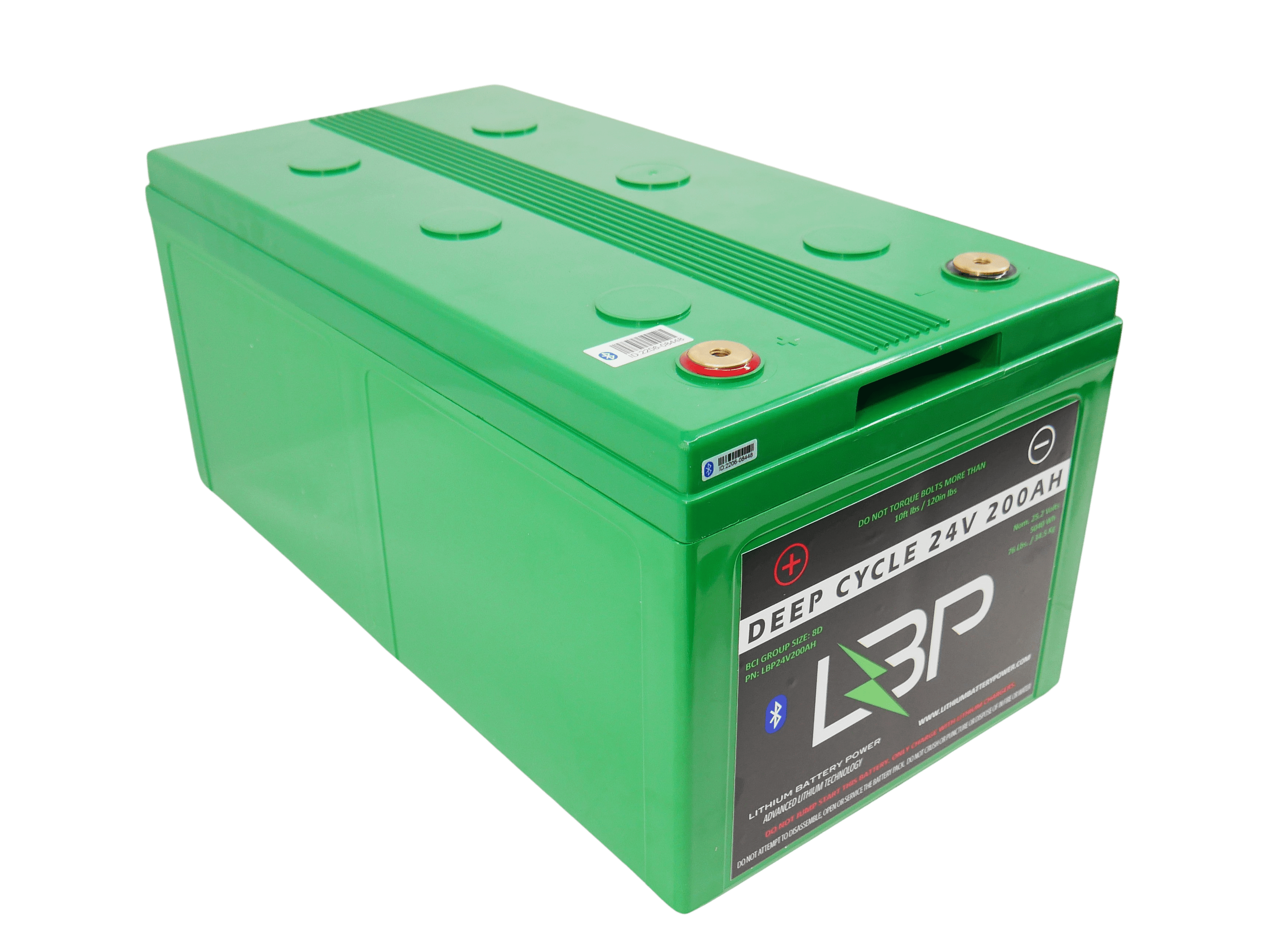LBP 24V 200Ah BT Lithium Battery featuring a green casing and terminal posts, designed for high-performance deep cycle applications – Lithium Battery Power, LLC.