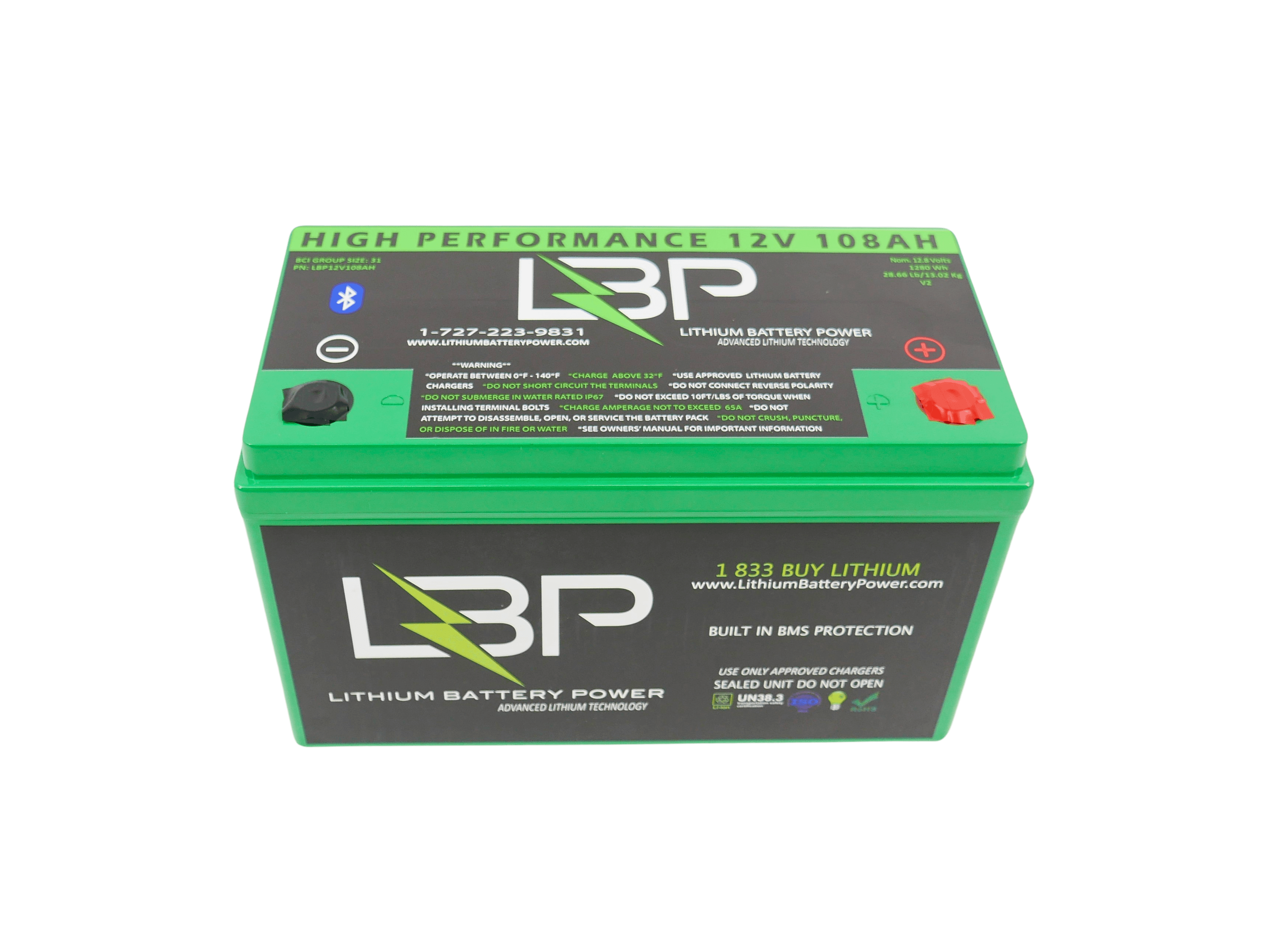 LBP 12V 108Ah BT High Performance Lithium Battery with green casing, black label, and visible branding — ideal for marine, camper, and solar deep cycle applications