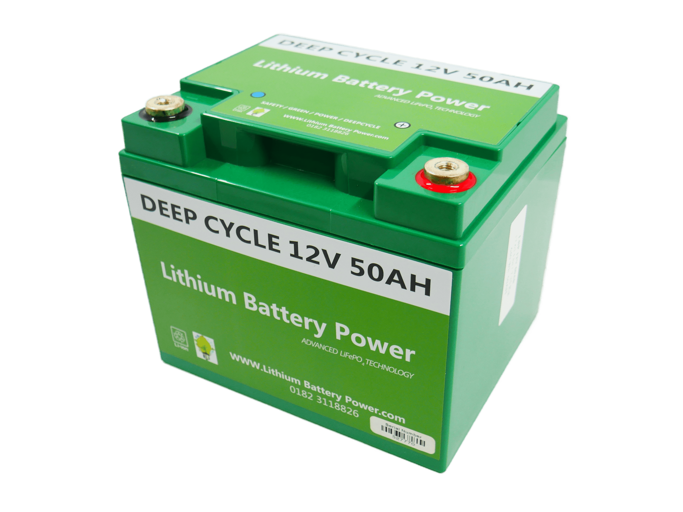 LBP 12V 50Ah ECO Lithium Battery with compact green design and black label, ideal for solar systems, campers, and portable power solutions – Lithium Battery Power, LLC.