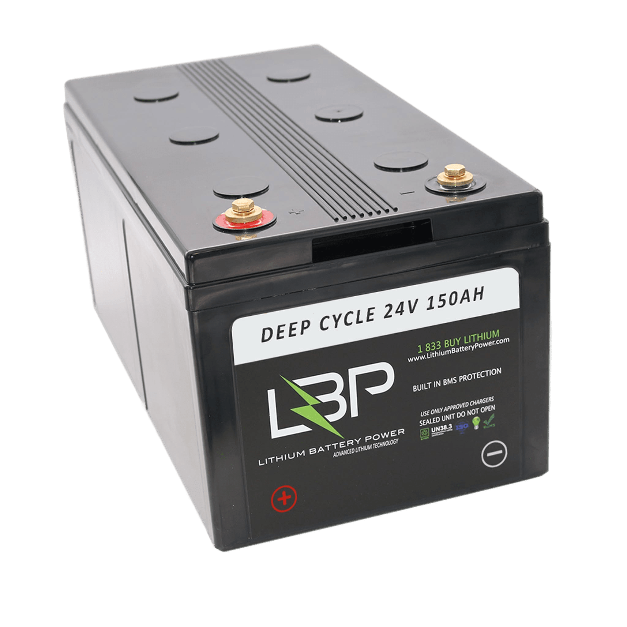 LBP 24V 150Ah Premier Lithium Battery with durable casing and terminal connectors, ideal for marine, camper, and off-grid lithium battery applications – Lithium Battery Power, LLC.
